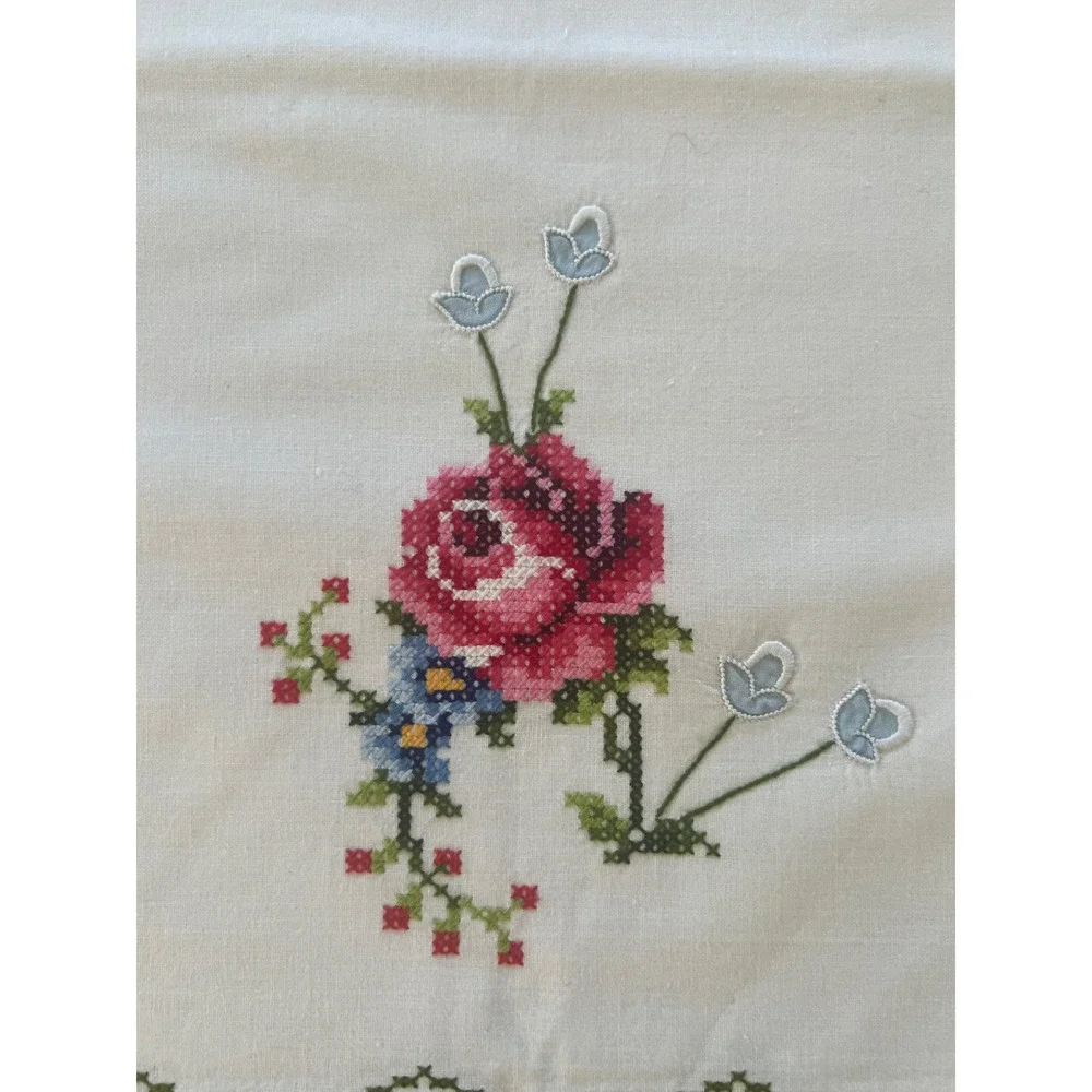 Vintage Cross Stitch Rose Pillowcase Pair White Cotton Floral Embroidery Cottage